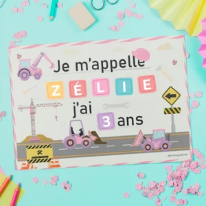 Affiche prénom personnalisée – Thème Chantier Fille 🏗️